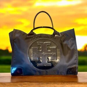 Tory Burch Black Tote Bag with Embossed Logo